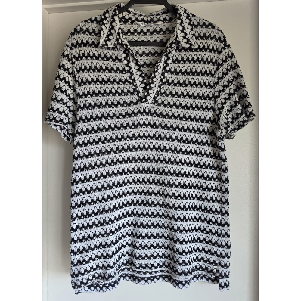 Mr Turk Polo Shirt XL Black White Geometric Short Sleeve Casual Cotton